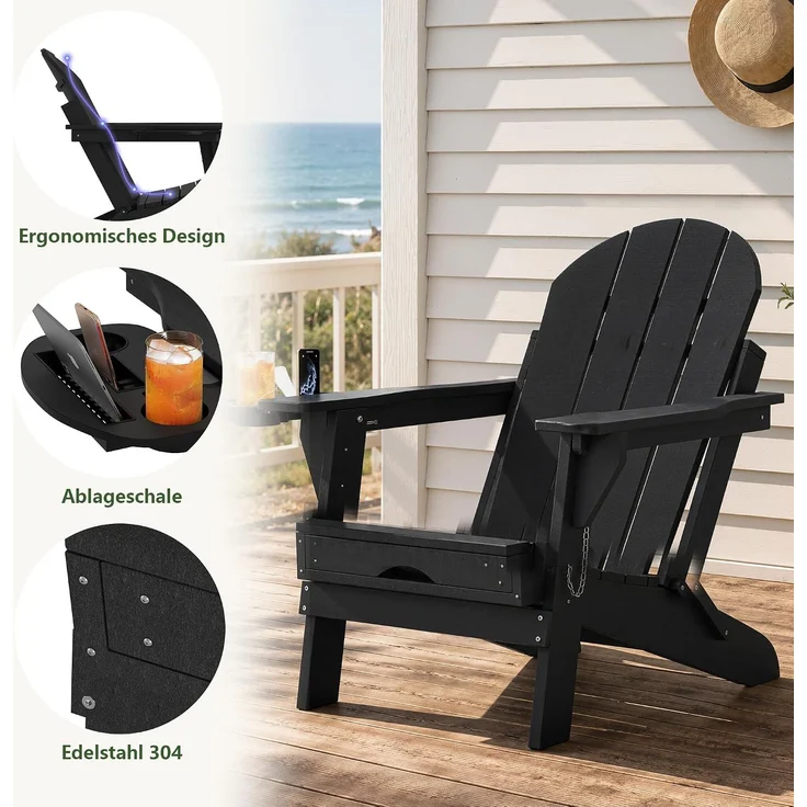 Aoxun Adirondack-Loungesessel mit ausziehbarer Fußstütze & Getränkehalter, 133 x 52 x 90 cm, klappbarer Gartensessel aus HDPE-Kunststoff in Holzoptik, wetterfest für Terrasse, Balkon & Rasen, Schwarz – Bild 9