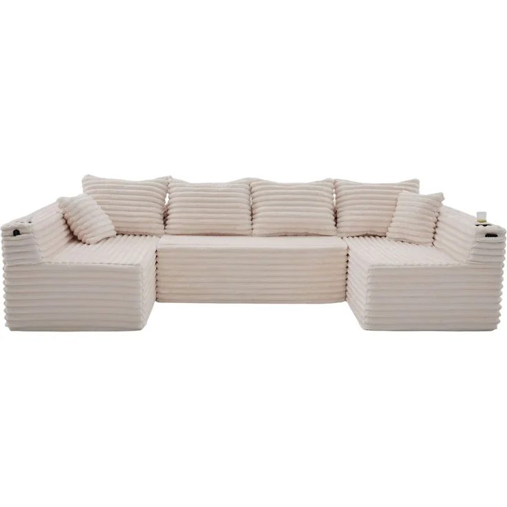 DESVIAE Sofa in U-Form mit Getränkehalter und Seitentasche 320x88x155 cm Cord Beige – Bild 8