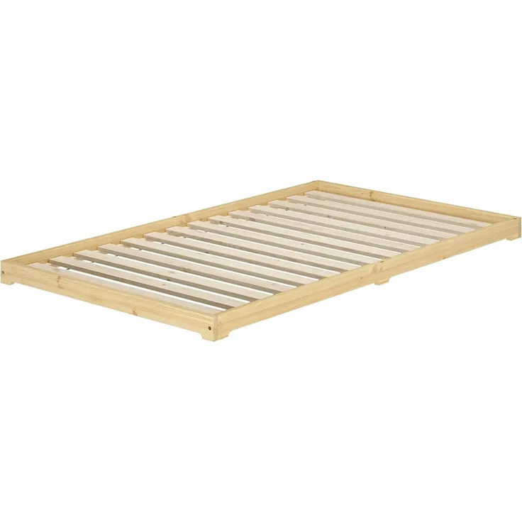 Stabiles Gästebett extra niedriges Bettrahmen Futonbett 120x200 Kiefer klar lackiert V-60.47K-12Rollrost inkl.