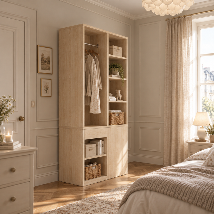Kleiderschrank 70 x 50 x 170 cm in Weiß und Holzfarbe mit Kleiderstange, offenen Fächern und Schubladen – Bild 3