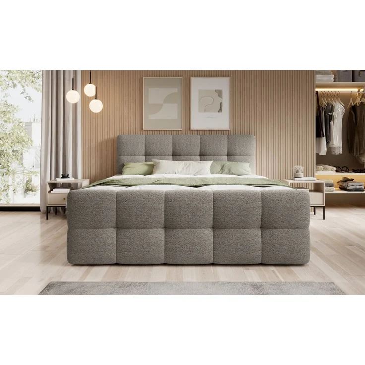 thematys Boxbett mit Bettkasten 200x200cm, mit Bonnellfederkernmatratze H3, Bouclé/Velours, mit Stauraum, mit 3 cm Topper, Grau (Arena 17), Art.-Nr. S04GH0RG3U5 – Bild 2