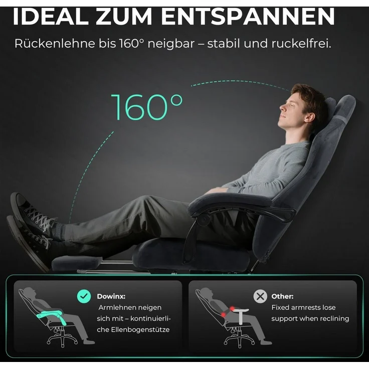 Dowinx Gaming-Stuhl Atmungsaktiver und Ergonomischer Bürostuhl aus Mikrofaser-Velours (Packung), Weiches Sitzgefühl, Verstellbarer Schreibtischstuhl mit Fußstütze – Bild 3