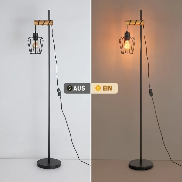 Nettlife Stehlampe Wohnzimmer Holz E27 Stehleuchte Vintage Schwarz Metall 152cm, mit Kippschalter, LED wechselbar, für Wohnzimmer, Schlafzimmer, Arbeitszimmer, Esszimmer – Bild 3
