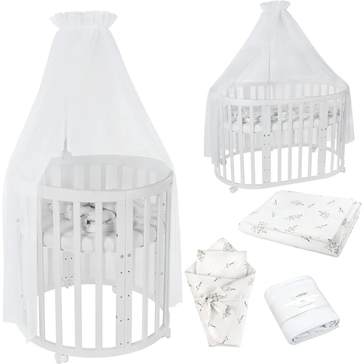 Waldin Oval Baby-Bett Mitwachsend Komplett Set 7in1, Gitterbett, Kinderbett mit Matratze, Wickelkommode, Beistellbett, Holz Weiß, Stoffe Weiß Zweige – Bild 1