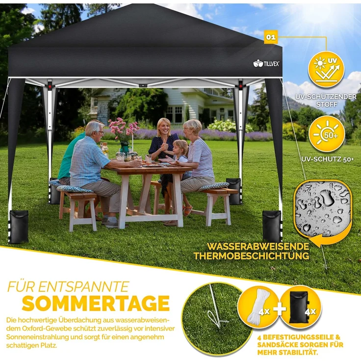 tillvex Pop-Up Faltpavillon mit Tasche, wasserdicht, höhenverstellbar & UV Schutz 50+, Stahl / Polyester, 3x3 m, Schwarz – Bild 9