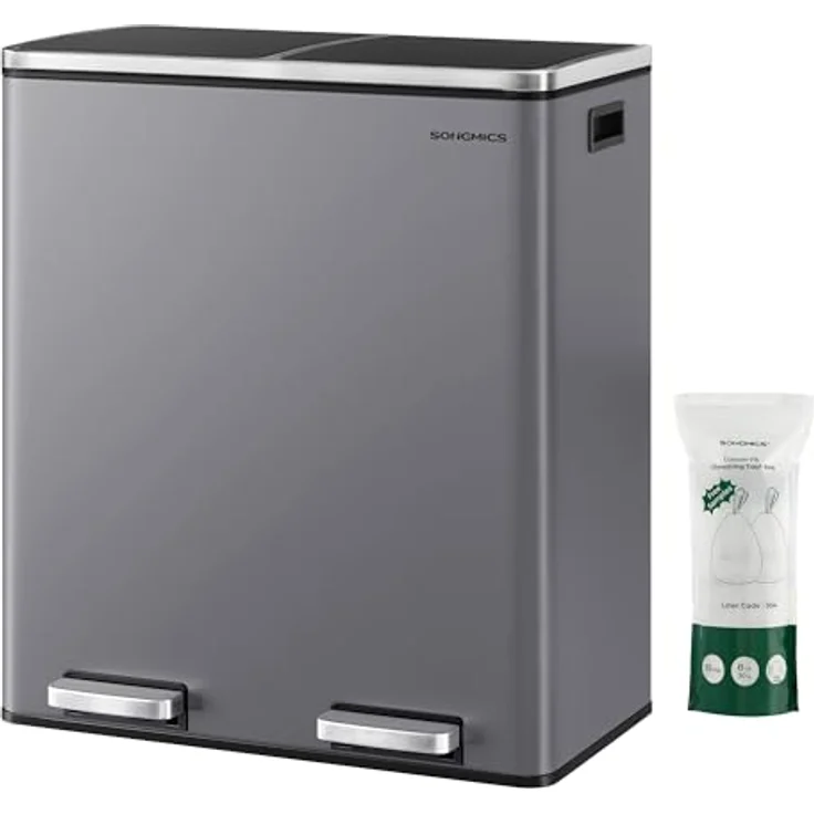 SONGMICS Mülleimer, 2 x 30 Liter, 2 Fächer, Mülltrennsystem, Treteimer, Abfalleimer Küche, 15 Müllsäcke, Metall, Inneneimer aus Kunststoff, Klappdeckel, Softclose, luftdicht, schiefergrau – Bild 1