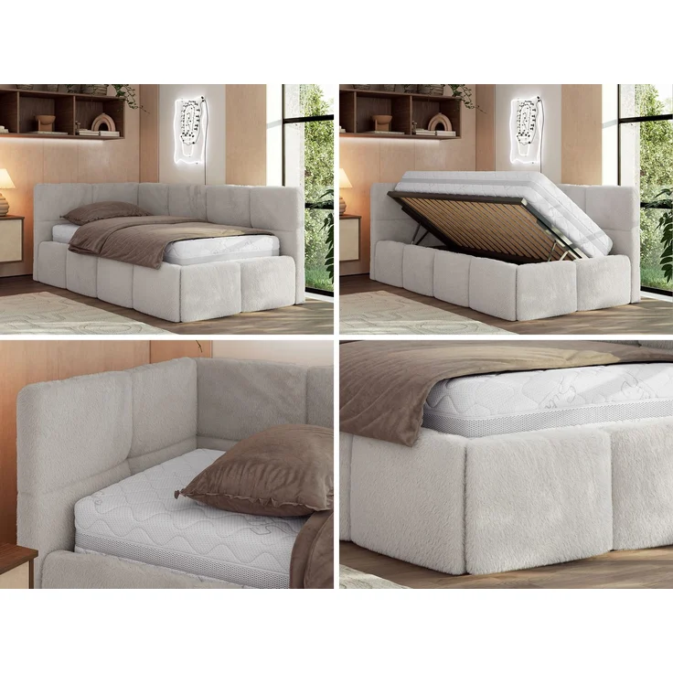 Jugendbett 90x200 ARVO Polsterbett mit Bettkasten, Stauraum & Gasdruckfeder, Modernes Design mit Kopfteil, Multipocket Matratze - Hellgrau Plüsch - ELORI LUX - Links Seite – Bild 2