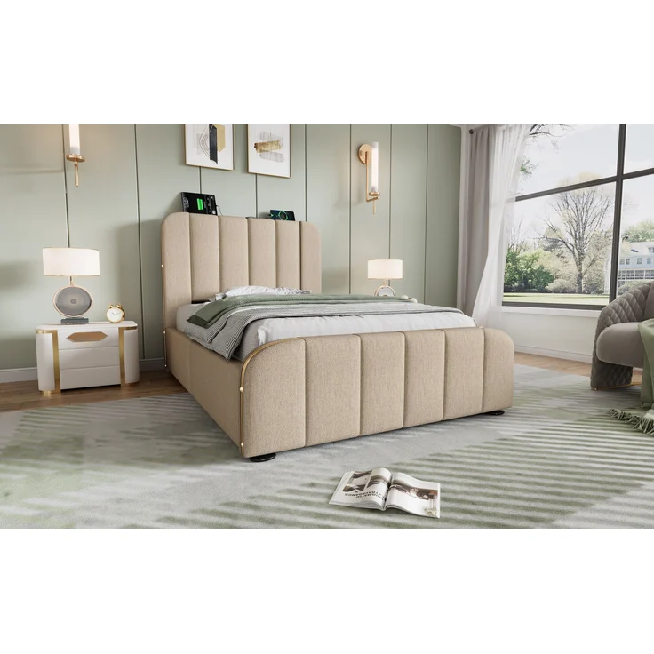 Polsterbett Leinen mit USB-Anschluss & 4 Schubladen, 90x200 cm, 215x98x102 cm, Beige, ohne Matratze – Bild 3