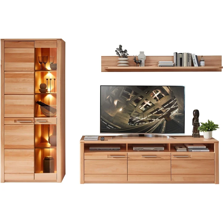 Wohnwand >Nature One< 3-teilig, mit LED, FSC, in Kernbuche teimassiv - 310x203x45cm (B/H/T) – Bild 2