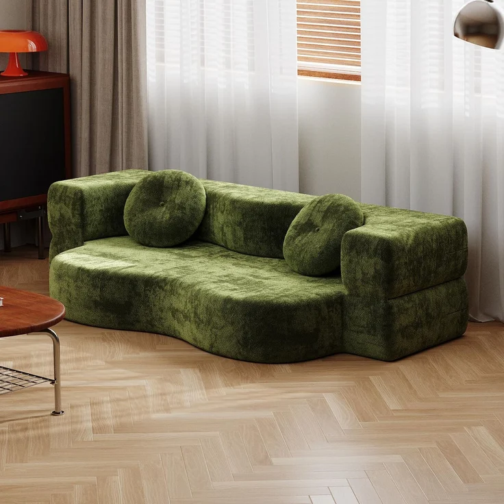JUMMICO Schlafsofa mit Schlaffunktion 170cm Couch kleines, Green | 2-Sitzer-Sofa aus Velours Klappbares Bodensofa mit Kissen, Ideal als Schlafplatz, Lounge oder Gästebett