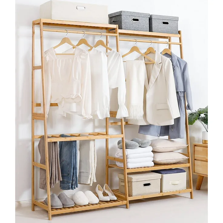 Yorbay Kleiderständer mit Ablage, Garderobenständer aus Bambu Multifunctional, Kleiderständer für Flur, Wohnzimmer, Schlafzimmer