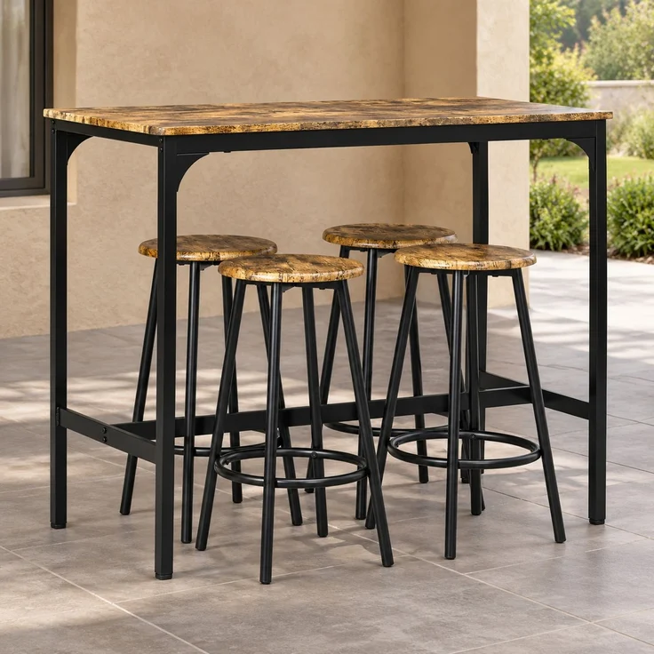 Bartisch-Set 110x50x89,5 cm mit 4 Barhockern – MDF in Holzoptik und schwarzes Metall – Bild 3