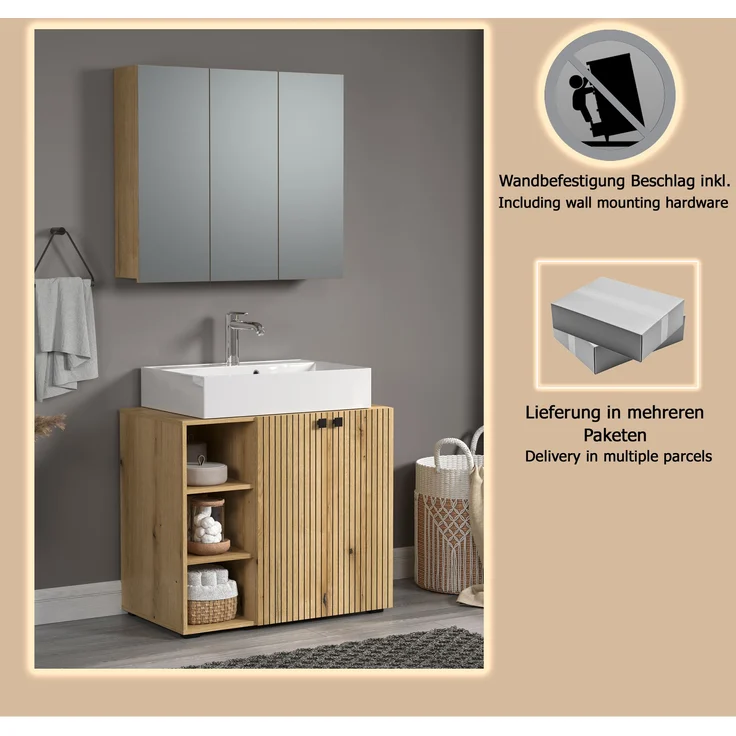 trendteam smart living - PureBliss - Badmöbel-Set Waschbeckenunterschrank + Spiegelschrank - Evoke Eiche - Rillenoptik - (BxHxT) 90 x 186 x 53 cm - Badezimmermöbel mit edlen Metallgriffen – Bild 6