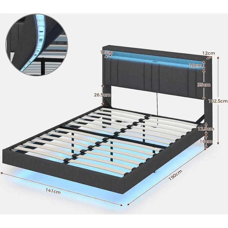 MSMASK Bettgestell Bett Bettgestell 140x190 cm, Bettrahmen mit LED-Beleuchtung, Leinenstoff Grau – Bild 2