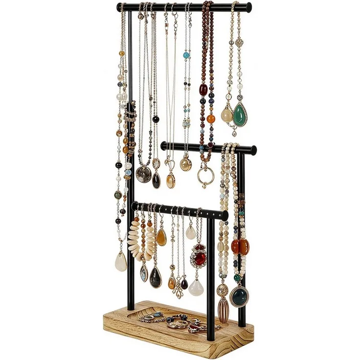 LEMLIT Schmuckständer Schmuckständer Holz Schmuckhalter Kettenhalter 3 Stäbe Drehbar (1er Set, 1 St, Ausziehbarer Halskettenhalter aus Metall mit Holzsockel), für Ohrringe, Armbänder, Ringe, Raumdekoration