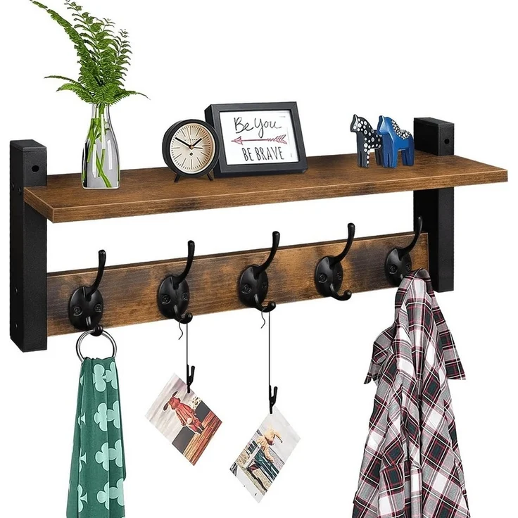 SURFOU Wandhaken Wandhaken mit Regal – Garderobenleiste Holz mit 5 Haken, Wandgarderobe, (Wandmontiertes Garderobenpaneel aus Holz & Metall (braun/schwarz) – Für Flur, Kinderzimmer & Bad, inkl. Montagematerial, 1-St, 41,5 cm Garderobe, Schlüsselbrett, ... – Bild 5
