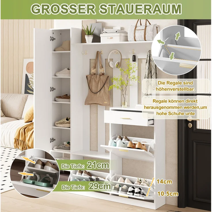 Garderoben-Set 133x23,5x180 cm mit Spiegel, 3 Schuhkippern und Schublade – Weiß – Bild 8
