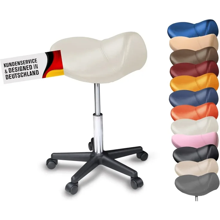 Sattelhocker / Sattelstuhl mit PU Rollen für alle Böden - ergonomisch - stufenlos höhenverstellbar - viele Farben - 360° drehbar - Arbeitshocker - Praxishocker - Kein Werkzeug notwendig Weiß