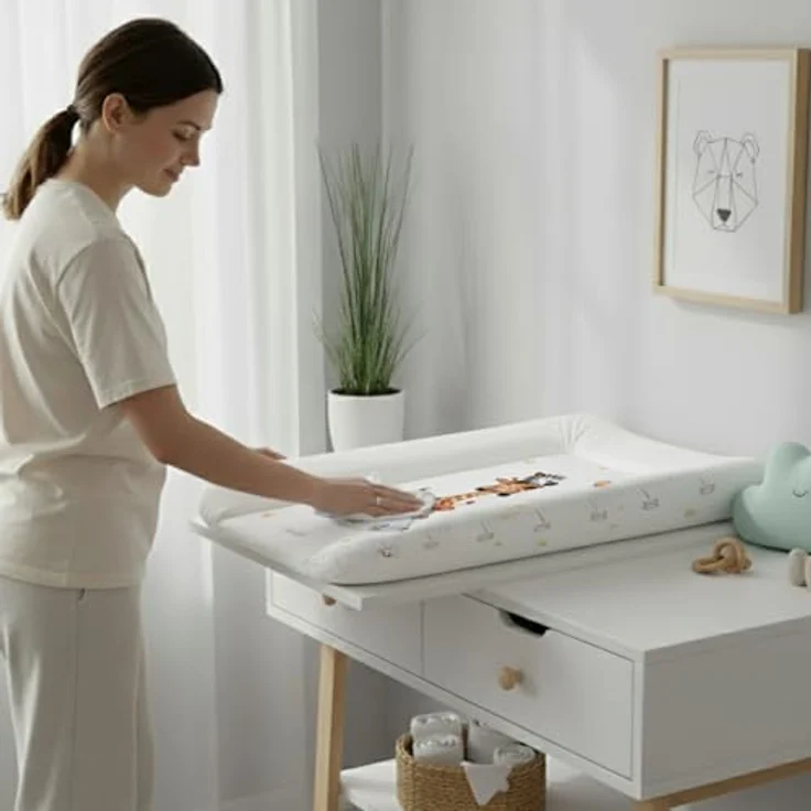 Wickelauflage 50x70 cm, Weiß mit Safari-Tieren – abwaschbar & wasserdicht, weich für Neugeborene – Wickeltischauflage für Wickelkommode – Baby Wickelunterlage, schnell abwischbar – Bild 7
