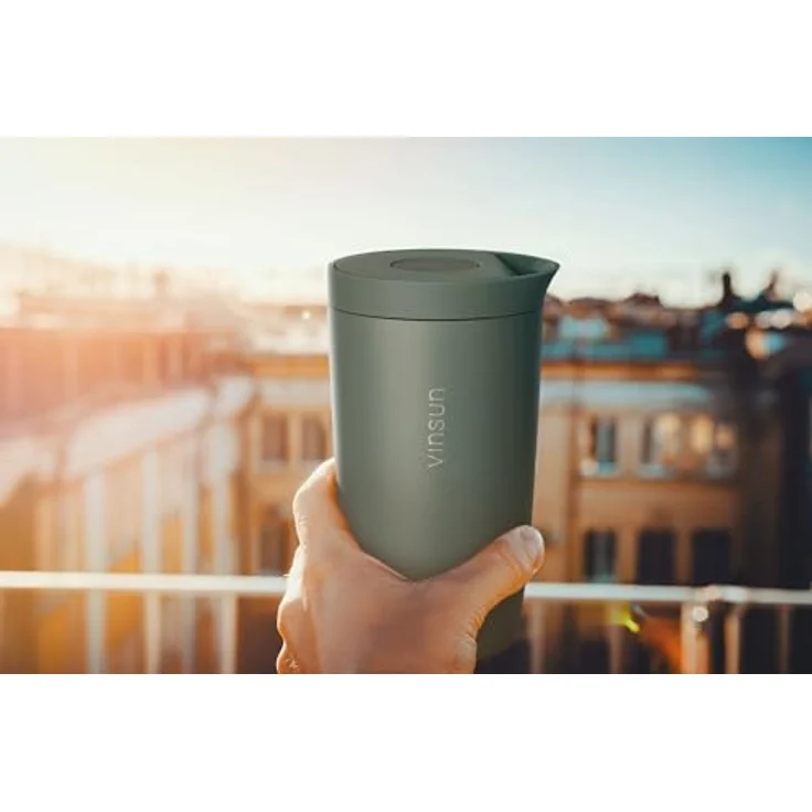 Vinsun Thermobecher Edelstahl Isolierbecher 350ml - Kaffeebecher to Go auslaufsicher, 2-tlg, Edelstahl, Doppelwandig, BPA frei, bruchfest, Einhandbedienung per Knopfdruck – Bild 8