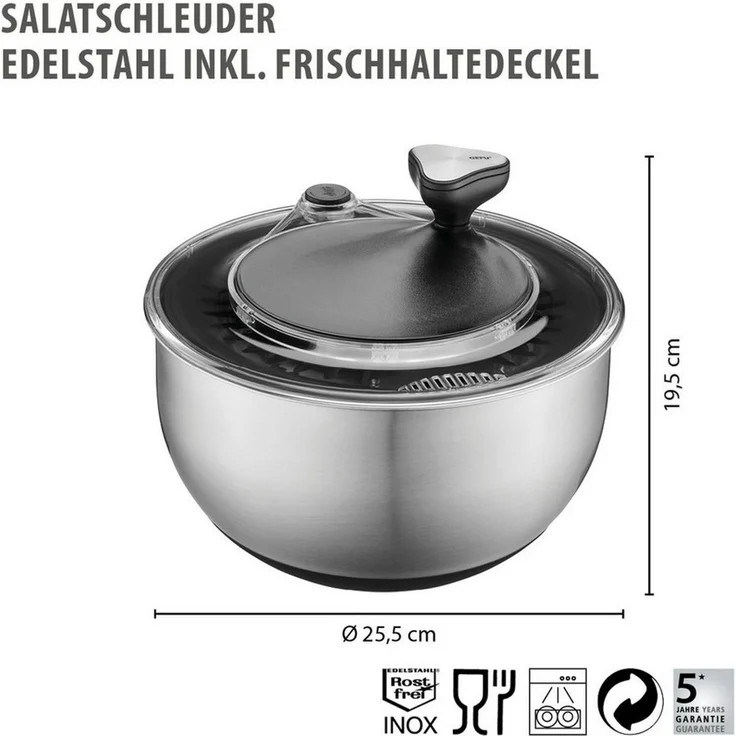 GEFU Salatschleuder Edelstahl inkl. Frischhaltedeckel, 4,5 L – Bild 2