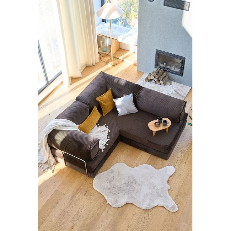 Ecksofa mit Schlaffunktion, 300 cm, braun, 100% Gerippter Plüschstoff, Abnehmbarer Bezug, 4 Kissen, haustierfreundlich, rutschfest – Bild 4
