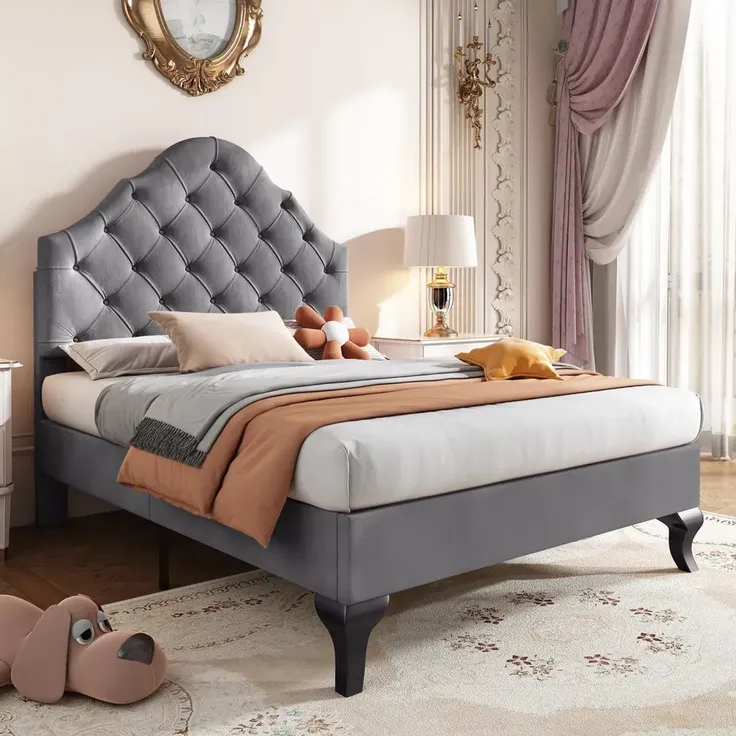Polsterbett, Einzelbett mit Lattenrost, 90x200 cm, Kopfteil höhenverstellbar, Jugendbett, Samt