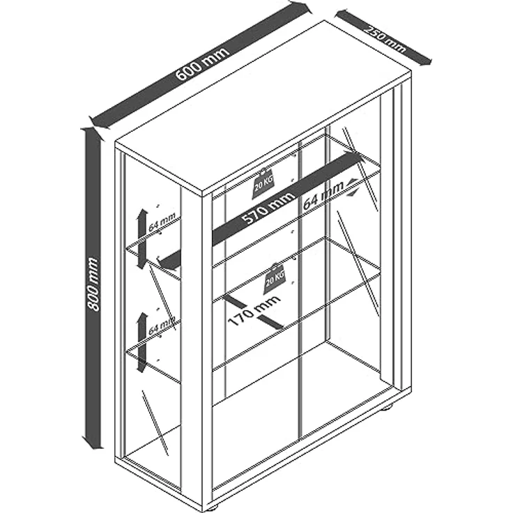 MID.YOU Hängevitrine Buche, Glas, 2 Fächer, 60x80x25 cm, stehend/hängend, Holzoptik – Bild 3