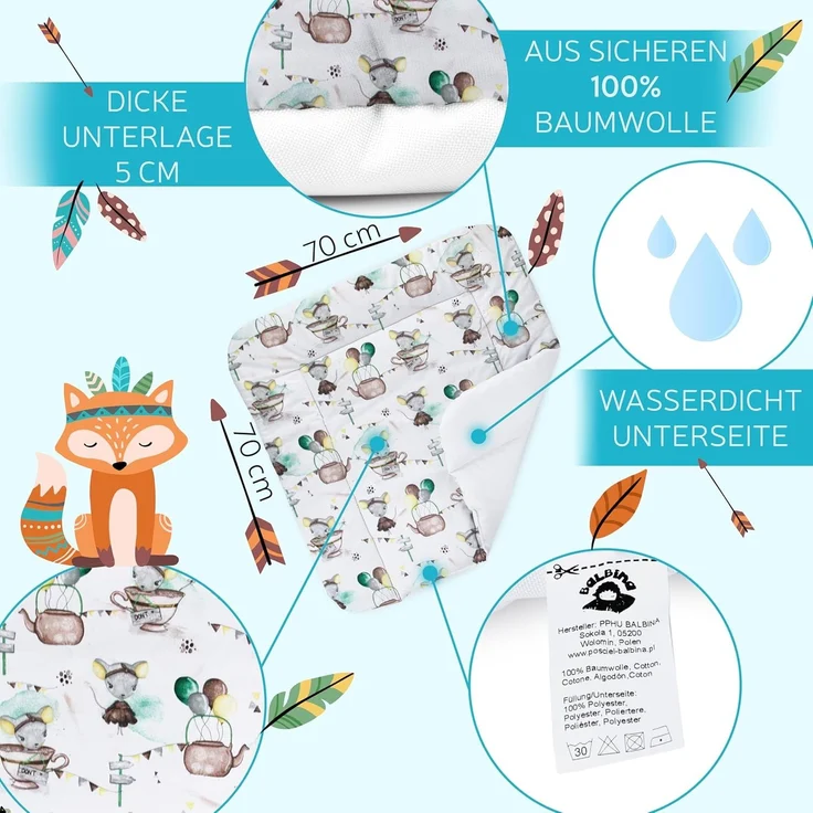 Balbina® Wickelunterlage aus Baumwolle weiche Wickeltischauflage für Wickelkommoden waschbar 70x70 I Mäuse – Bild 3