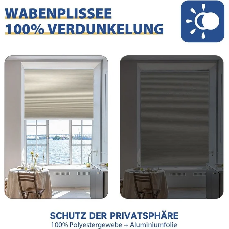 Sekey Wabenplissee Plissee ohne Bohren Verdunkelung Rollo 100% verdunkelnd Blickdicht, verdunkelnd, Klemmfix – Bild 2