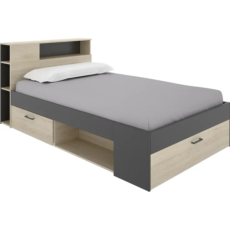 Vente-unique - LEANDRE Bett Holz, Platte GrauBeige - B 129,6 cm x H 95 cm x L 217,3 cm – Bild 4