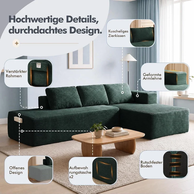 COMHOMA Ecksofa mit Schlaffunktion, 228cm Corduroy Modulares Boneless Couch mit Chaiselongue & Rücken-Metallgestell, L-Form Schlafsofa mit offenem Design, Kissen & Seitentaschen,für Wohnzimmer, Grün-L – Bild 14