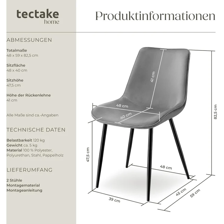 tectake Esszimmerstuhl Monroe (6er Set, 6 St), Gepolstert – Bild 2