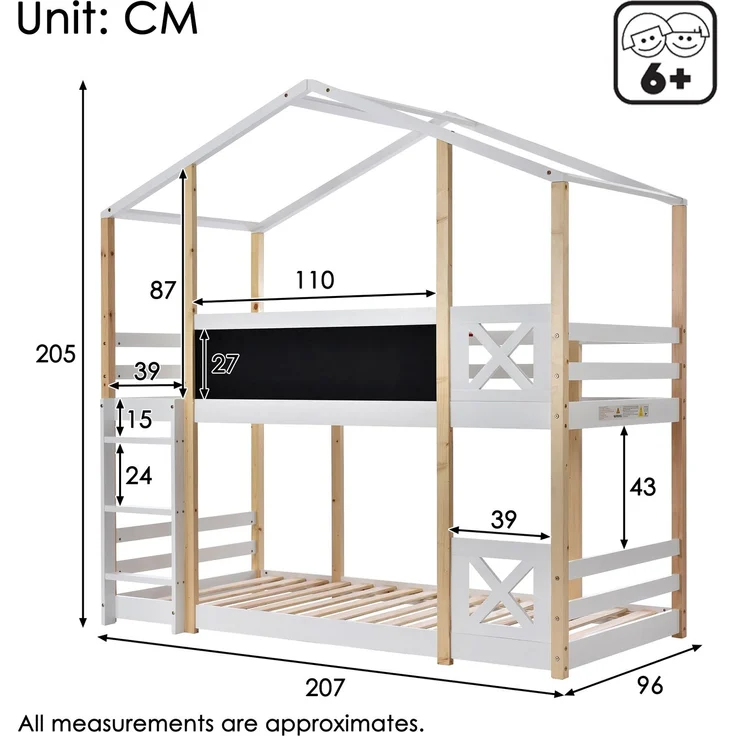 Etagenbett 90x200 cm mit Dachrahmen, Tafel & Leiter, Hochbett aus Kiefernholz, sicher & stabil, Weiß, Kinderbett – Bild 9