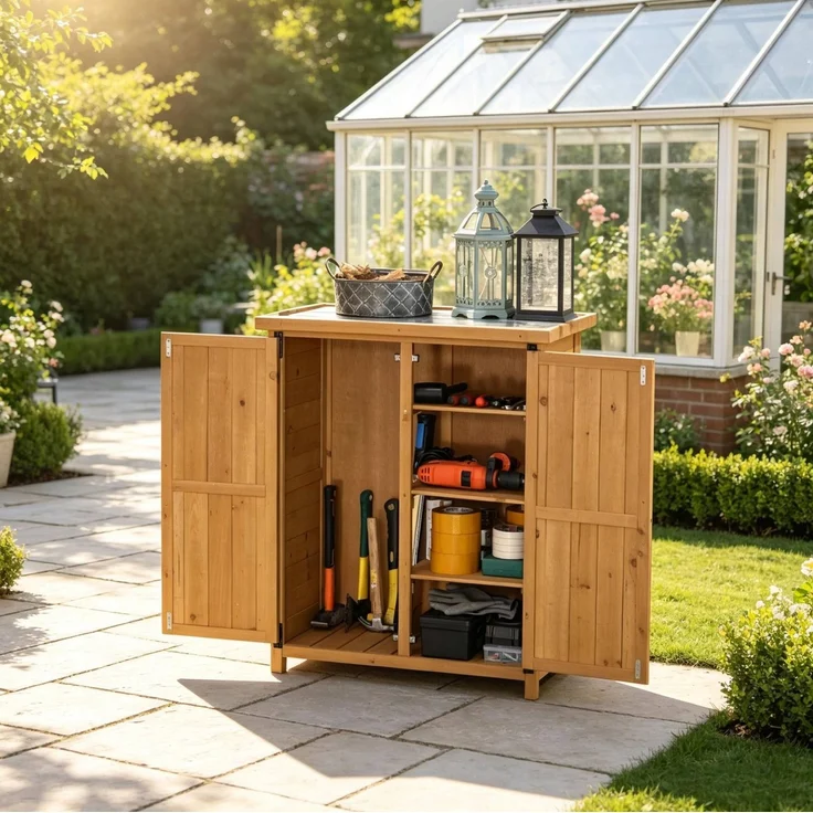 Gartenschrank 75 x 40 x 90 cm aus Tannenholz mit drei Regalböden und verzinktem Blechdach – Bild 2