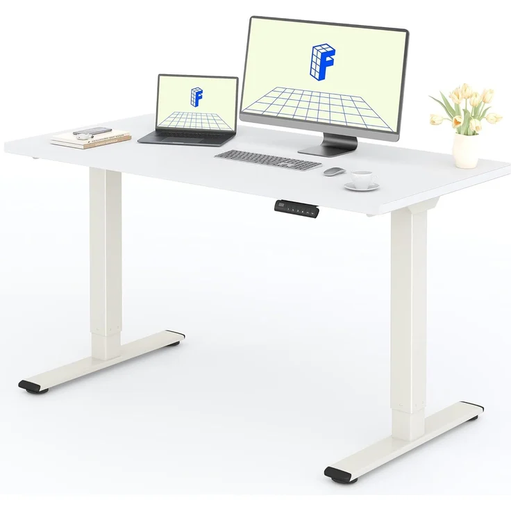 FLEXISPOT Höhenverstellbarer Schreibtisch mit 2 Motoren & 25MM einteiliger Tischplatte,ergonomischer Bürotisch - 140x80 cm Weiß, Mousseweiß Gestell – Bild 1