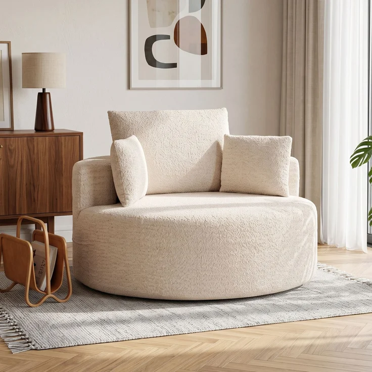 Runder Chenille-Sitzsack, große Sitzfläche, 2 Kissen, 1 Rückenlehne, 1 Nackenrolle, Belastbarkeit 250 kg, 130 x 130 x 82 cm, Creme – Bild 3