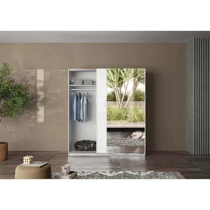 Schwebetürenschrank >Salva< 2 Böden, 2 Stangen, Spiegel, Weiß Hochglanz/Weiß - 180x210x55cm B/H/T – Bild 4