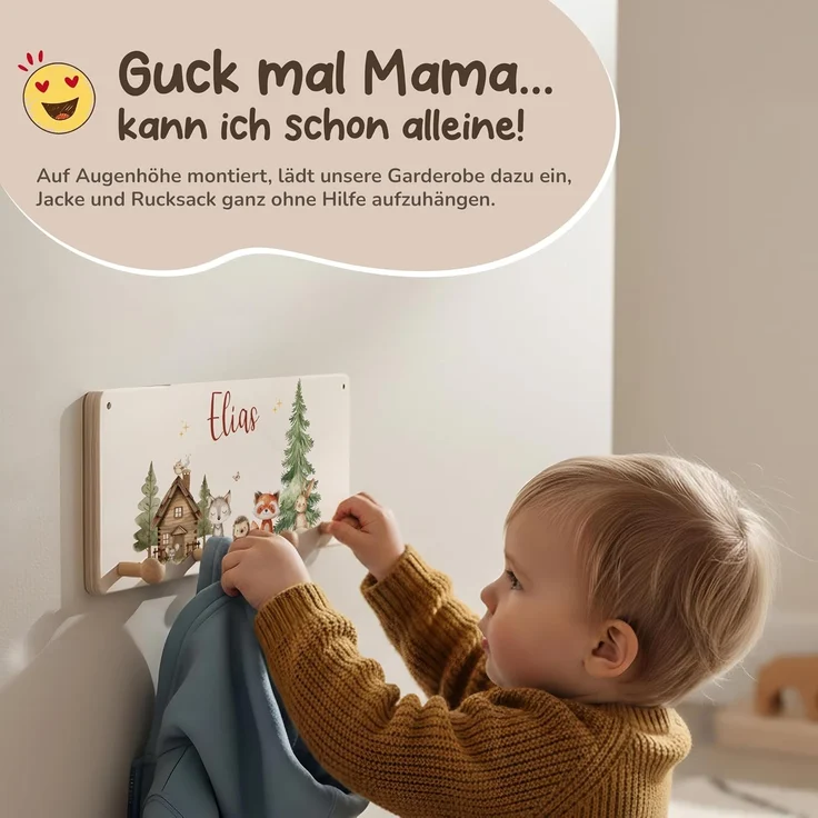 Kidsmood Kindergarderobe Personalisiert mit Namen, Kinderzimmer Möbel aus robustem Holz, Garderobenleiste Kinder, Baby Garderobe für Babyzimmer mit 4 Kleiderhaken Wand-Montage [40 x 20 x 1,5 cm] – Bild 2