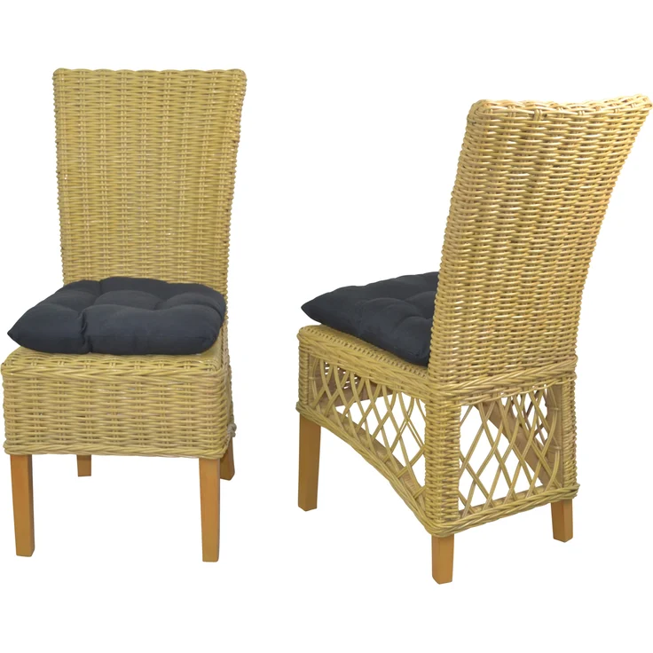 Rattanstühle/Esszimmerstühle 2er-Set, handgeflochten, beige, inkl. Kissen schwarz – Bild 2