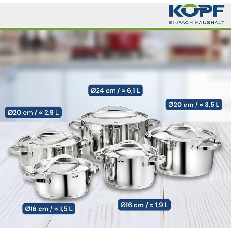 Kopf Topf-Set Kochtopfset Stilo, Edelstahl (5-tlg), inkl. 5 Edelstahldeckel, Induktion – Bild 2