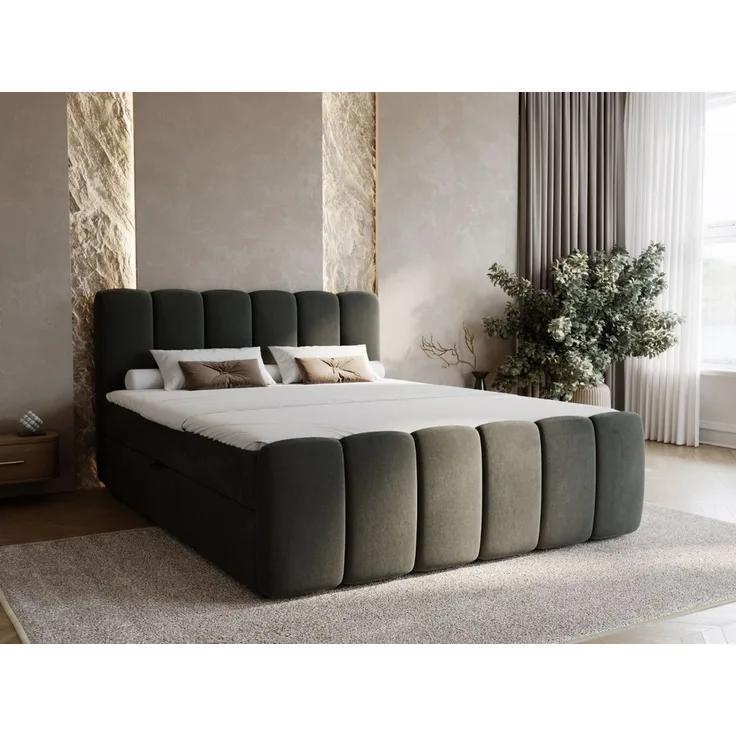 GRAINGOLD Cloud Boxspringbett 140x200, Bett mit Bettkasten, Velour-Stoff, mit Kopfteil, Dunkelgrau