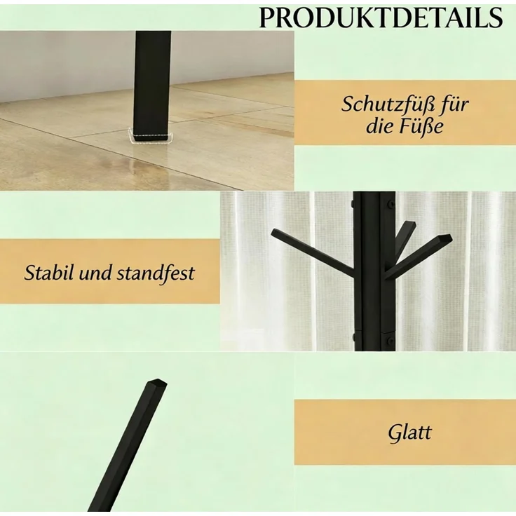 Garderobenständer 45 x 45 x 180 cm mit 9 Haken und Ablage – aus Metall und MDF, Schwarz – Bild 6