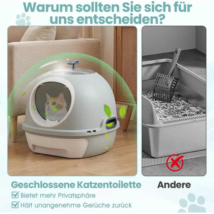 Katzenklo mit Deckel & Ausziehbarem Tablett & Schaufel & Frontöffnung Katzentoilette Blau SH639 – Bild 4