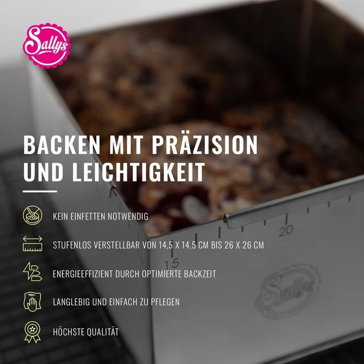 Sallys Backrahmen Kuchenrahmen verstellbar mit Innen & Außenskalierung, rechteckig, (4 tlg, Mit Innen- & Außenskalierung, langlebig und pflegeleicht), Tortenrahmen Edelstahl, 14,5 × 14,5-26 × 26 cm, verstellbar – Bild 3