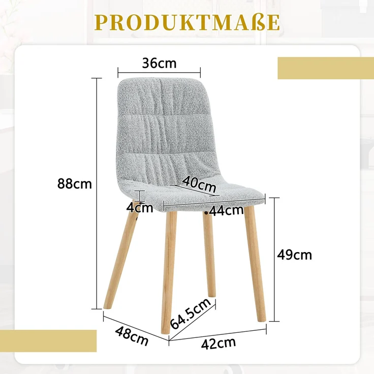 Wohnora Esszimmerstuhl mit Faltenwurf und Massivholzbeinen (2er-Set) Bezogen mit hellgrauem Stoff, Gesamthöhe 88 cm – moderner, nordischer Esszimmerstuhl Geeignet für Esszimmer, Küche etc – Bild 3