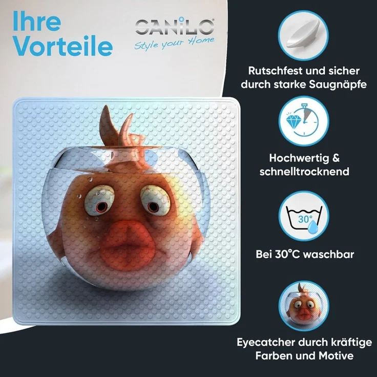 Sanilo Duschmatte, mit Motiv, rutschfest, waschbar, quadratisch, 230 extra starke Saugnäpfe, Kunststoff PVC, 53 x 53 cm, Goldfisch – Bild 2