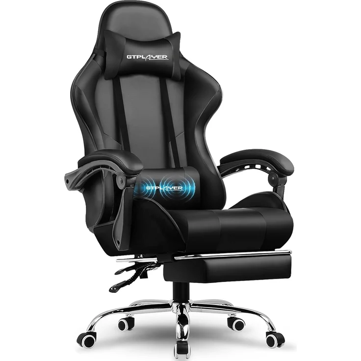 GTPLAYER Gaming Stuhl, Bürostuhl, Ergonomischer Pc Stuhl, Gaming Sessel mit Massagelendenwirbelstütze, Task Stühle mit Fußstütze und Kopfstütze, Schwarz Kunstleder