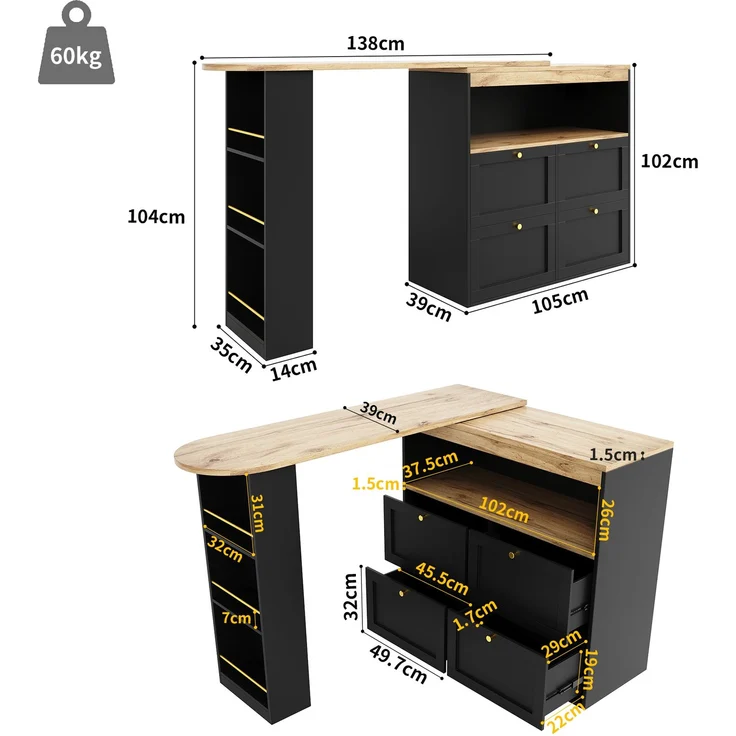 Bartisch 105 x 39 x 102 cm, 360° drehbar, mit 4 Schubladen und offenen Ablagen, Schwarz – Bild 24