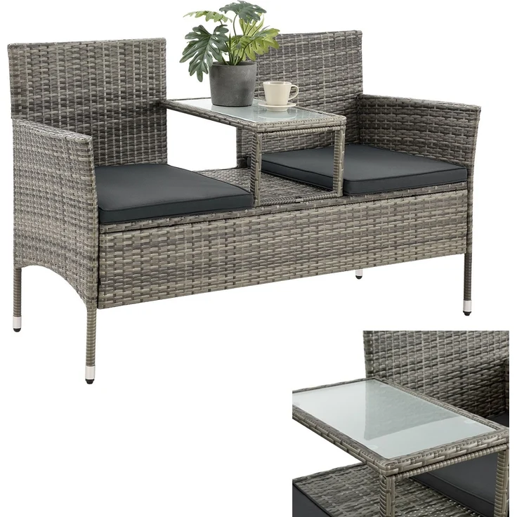 Juskys 'Monaco' 2-Sitzer Gartenbank mit Tisch und Kissen, Polyrattan grau, 133 × 63 × 84 cm – Bild 1